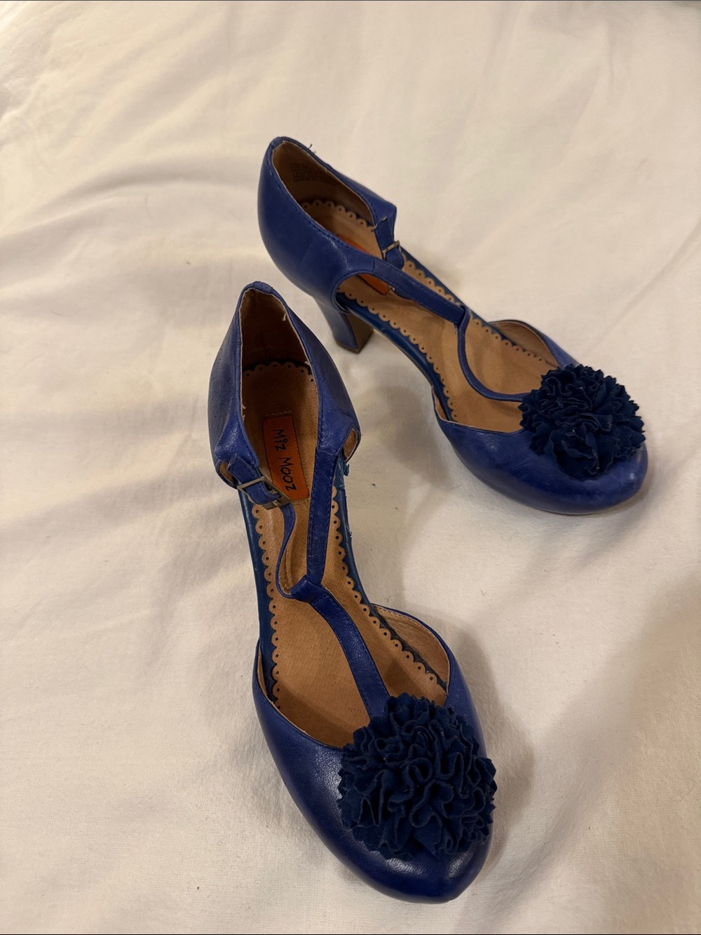 Miz Mooz Navy Blue T-Strap Heels with Floral Pom